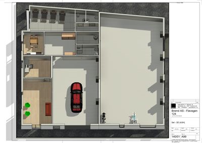 Fotografi av en 3D-modell av et hus sett fra oven (top-down view). Bildet viser romfordeling, møblering og en bil i garasjen.