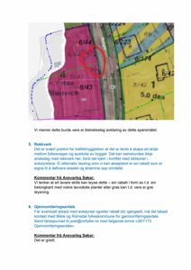 Situasjonsplan som viser eiendomsnummer (f.eks. 6/44, 6/43), areal (daa), og grenser til naboeiendommer. Bildet inneholder også en markert rute (rød) og en kommentar om avklaring av området.