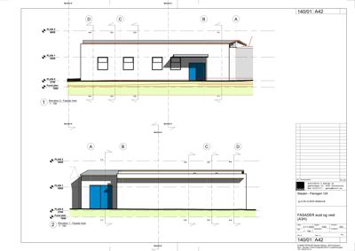 Tegning som viser fasadeopprikk for bygningen sett fra øst og vest.