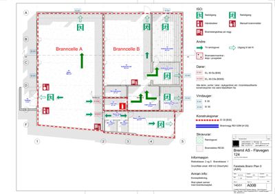 Brannplan (evakueringsskisse) som viser brannceller, utrykningsveier, nødutganger og brannutstyr.