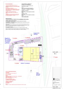 Situasjonsplan som viser tomtens grenser, bygningers plassering, arealer og parkeringsplasser.