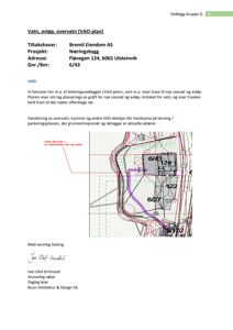 Situasjonsplan som viser plassering av nye vann- og avløpsrør (VAO) i forhold til eiendommen og nabolaget.