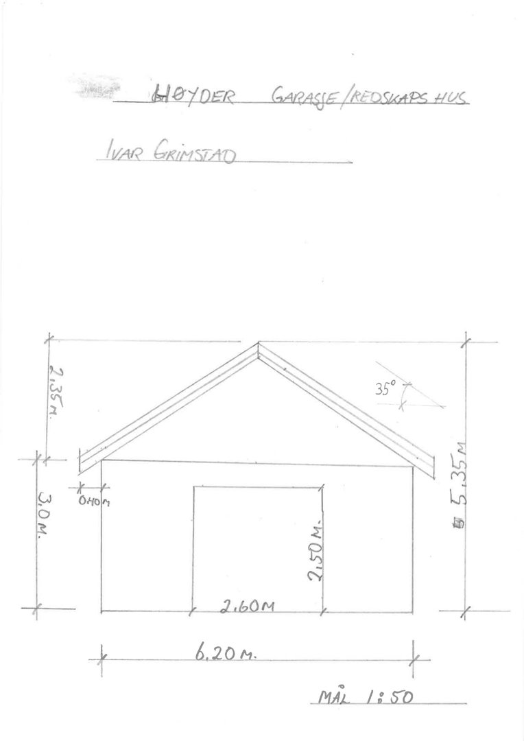 Håndtegnet fasadegjennomgang av et garasje/redskaps hus med mål og vinkler.