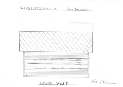 En håndtegnet fasadetegning av en garasje/redskaps hus sett fra vest.