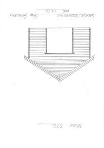 En håndtegnet fasadetegning (opprikk) av en bygning, sannsynligvis garasje/retteshus, med skriftlig merking 'FASADE SYD' og målestokk 1:50.