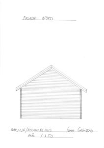 Håndtegnet fasadeoppvisning av en garasje/redskaphus sett fra nord.