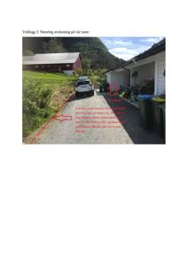 Fotografi av en tomt med en garasje, en sportsbod og en bil. Bildet inneholder også håndtegnede merknader og tekst om naturleg avslutning på tomta.