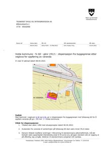 Situasjonsplan som viser plassering av en ny veranda i forhold til naboeiendom og veggrense.