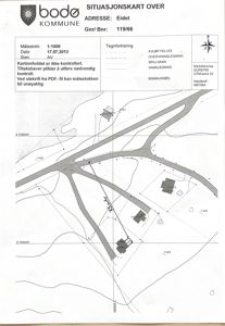 Situasjonskart over tomt i Eid kommune med bygningsspor, infrastruktur og koordinater.