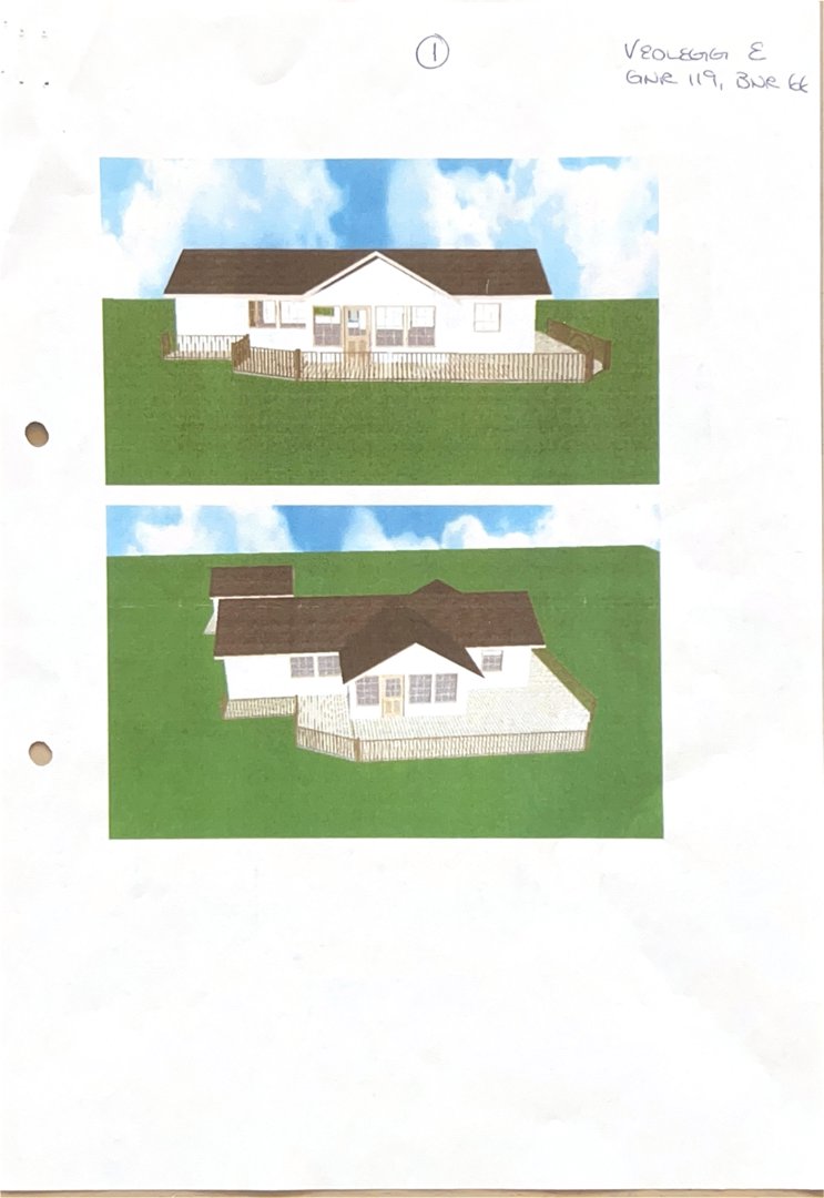 3D-visualisering (rendering) av en husfasade sett fra en vinkel, med grønt gress og blå himmel.