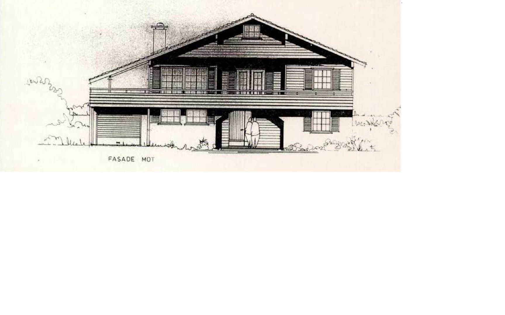 En tegning som viser fasaden mot en bygning, med tekst 'FASADE MOT' under.