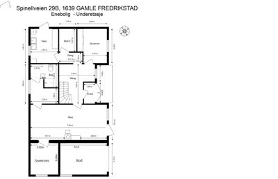 Etasjeplan for underetasjen av en enebolig i Gamle Fredrikstad, som viser romfordeling, dører, vinduer og mål.