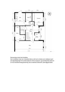 Etasjeplan (plantegning) som viser romfordeling, dimensjoner og orientering for en bolig.