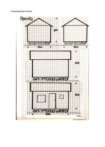 Fasadetegning for et anneksett, tegnet på millimeterpapir med mål og utsnitt av fasader.