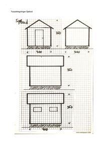 Fasadetegning av en sjøbod med oppgitt mål (300x350 og 400x350) og tegnet på et gitterark.