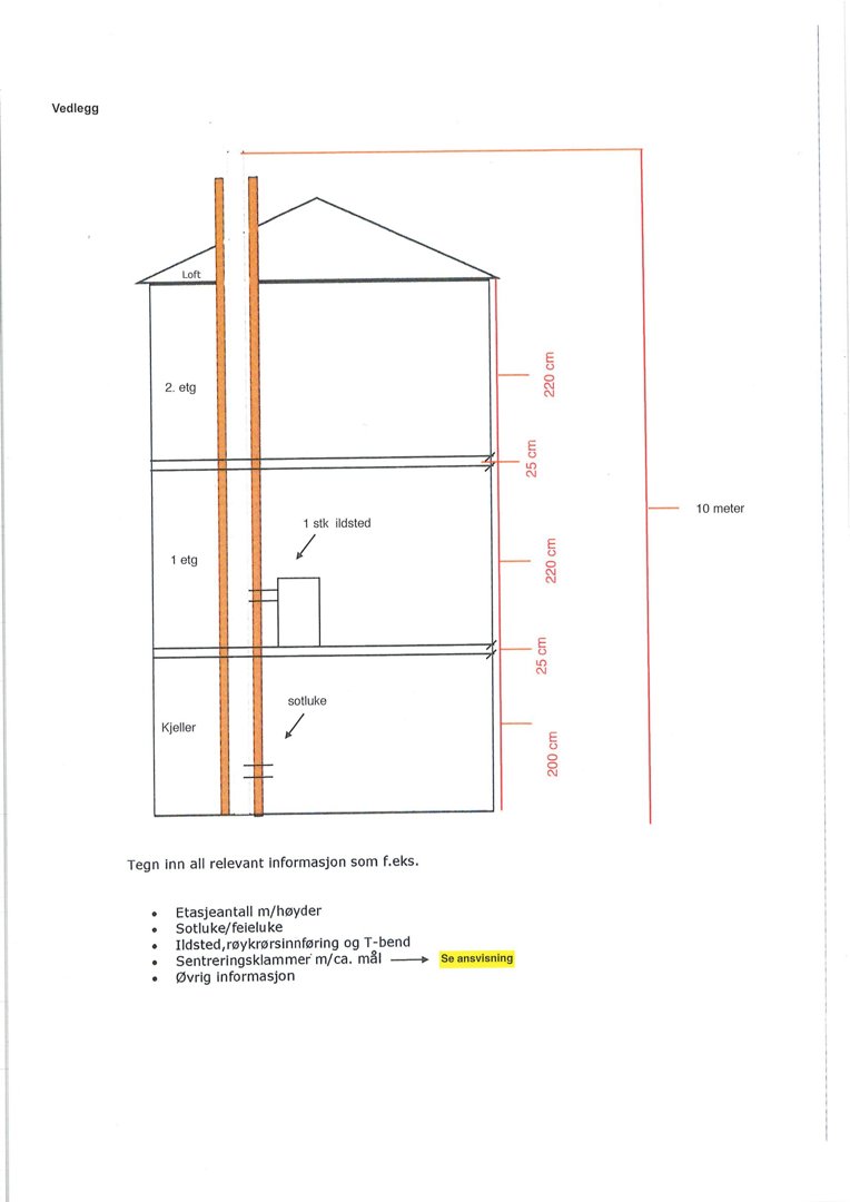 Snittegning som viser bygningens høyder, etasjer (kjeller, 1. etg, 2. etg, loft) og konstruksjonsdetaljer som ildsted og sotluke.