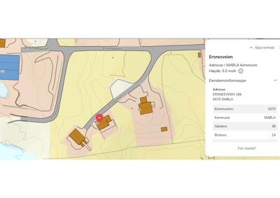 Kartutsnitt fra eiendomssøk (Kartverket) som viser eiendomsnummer, adresse og nabolag.