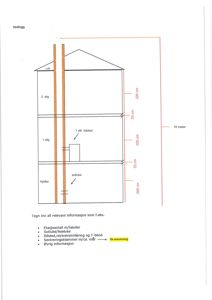 En tegning som viser et tverrsnitt gjennom en bygning med angitte høyder for kjeller, 1. etasje, 2. etasje og loft, samt plassering av ildsted og sotluke.