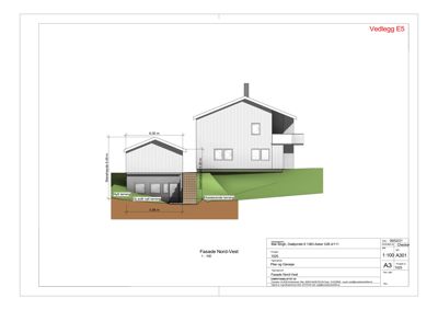 Fasadetegning (Nord-Vest) av en bolig med garasje, inkludert mål, terrassering og arkitektoniske detaljer.