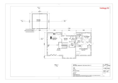 Etasjeplan (Plan 1) med romfordeling, mål og areal for en bolig, samt en separat garasjeplan.