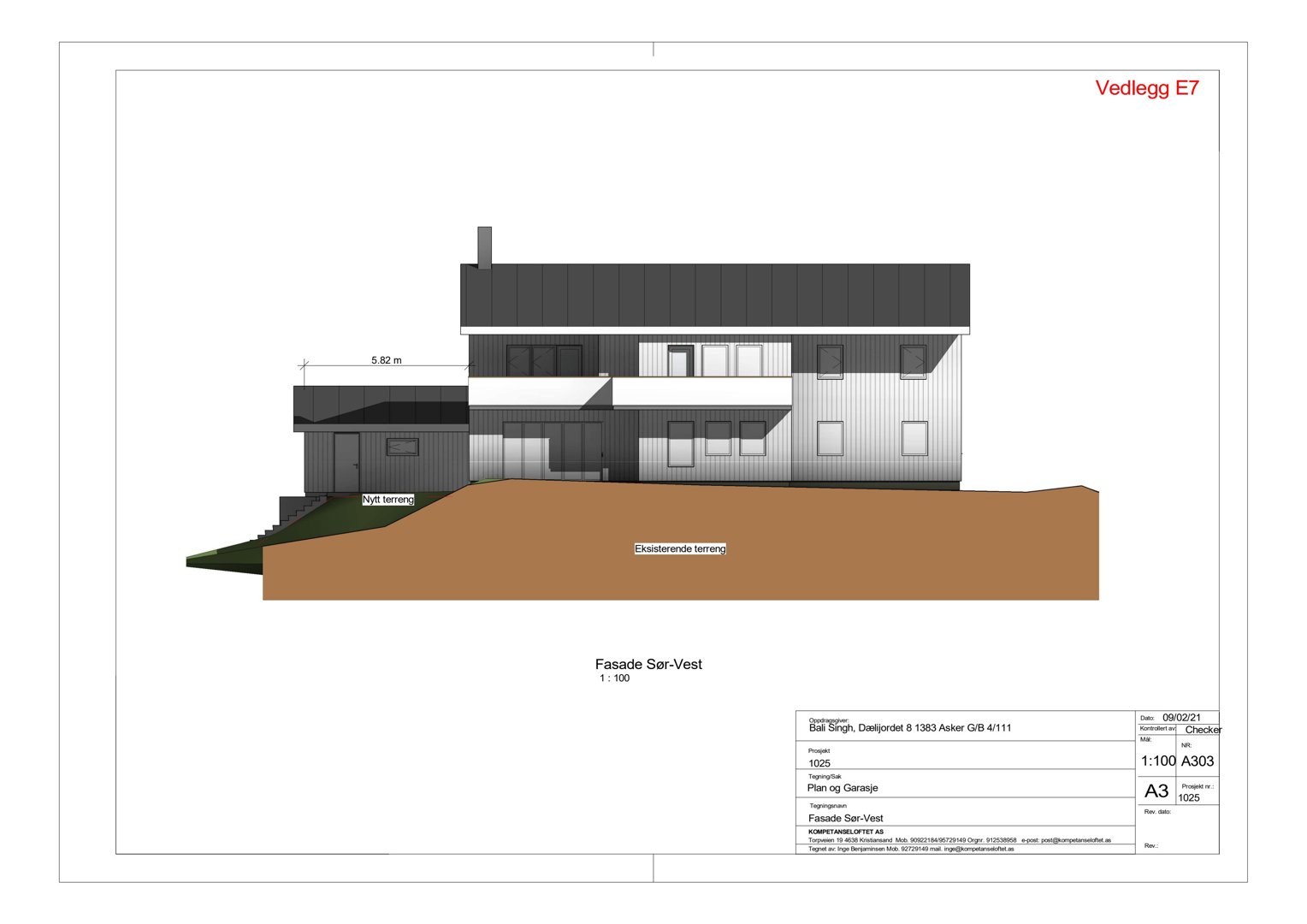 Fasadetegning (Sør-Vest) av en bygning med oppriss, eksisterende terreng og dimensjoner.