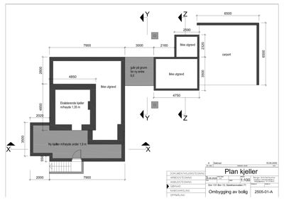 Plantegning av kjelleretasje med romfordeling, dimensjoner og notasjoner om utgraving.