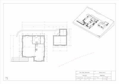 Etasjeplan (1. ETG) med romfordeling, dimensjoner og en 3D-visualisering av bygningen i øvre høyre hjørne.