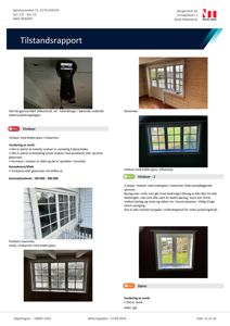 Et dokument (tilstandsrapport) som inneholder flere fotografier av vinduer og en fukttestenhet.