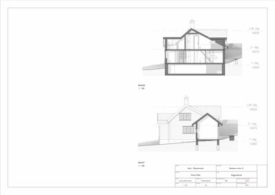 Snittegning som viser bygningens tverrsnitt gjennom to ulike snittlinjer (Snitt DD og Snitt FF), inkludert høyder og fasadeutsnitt.