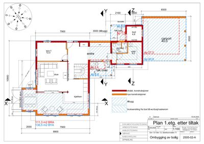 Etasjeplan (1. etg.) som viser romfordeling, dimensjoner og endringer i en bolig etter tiltak.