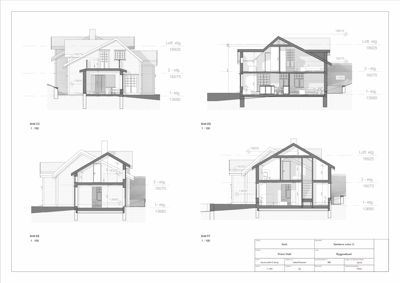 Snittegning av en bolig som viser tverrsnitt gjennom huset på flere vinkler (Søst CC, DD, EE, FF) med høydemål og etasjer.