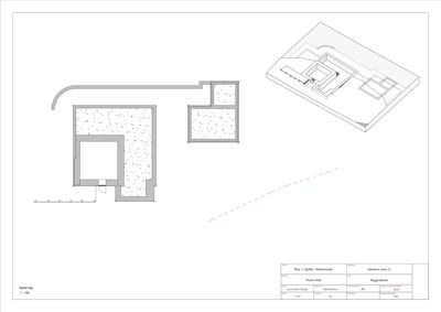Etasjeplan (eller kjellerplan) med romfordeling og en 3D-visualisering av bygningens form.