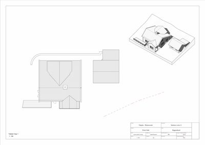 Etasjeplan (topplan) med romfordeling, vegger og en 3D-visualisering av taket i øvre høyre hjørne.
