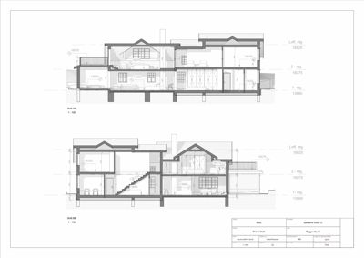 Tegning som viser tverrsnitt gjennom bygningen (Snitt AA og Snitt BB) med høydemål og romfordeling.