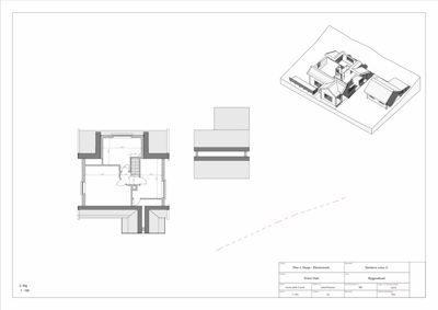 Etasjeplan (2. etg) med romfordeling, dører, vinduer og en 3D-visualisering av bygningens form.