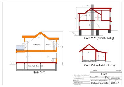 Tegning som viser tverrsnitt gjennom en eksisterende bolig (Snitt X-X) og en uthus (Snitt Z-Z), inkludert mål og romfordeling.