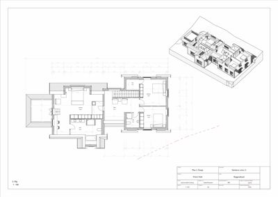 Etasjeplan (2. etg) med romfordeling, møblering og en 3D-visualisering i øvre høyre hjørne.