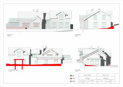 Fasadetegning som viser bygningens utseende fra fire ulike sider (vest, nord, øst og sør).