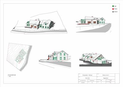 Situasjonsplan med 3D-visualiseringer av bygningene sett fra ulike vinkler, inkludert etasjeplan og fasadeopprikk.