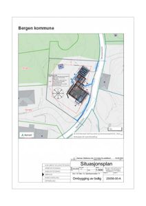 Situasjonsplan som viser bygningens plassering i forhold til nabolag, vegger og eiendomsgrenser.