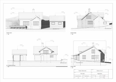 Fasadetegning som viser bygningens utseende fra fire ulike vinkler (vest, nord, øst og sør) med mål og detaljer.