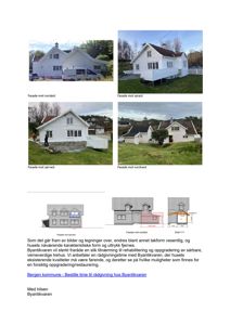 Et sammensatt bilde (collage) som viser fire ulike foton av en hvit, trehuset bygning fra forskjellige vinkler (nordøst, sørøst, sørvest, nordvest), samt to mindre tegninger (fasade og snitt) nederst.