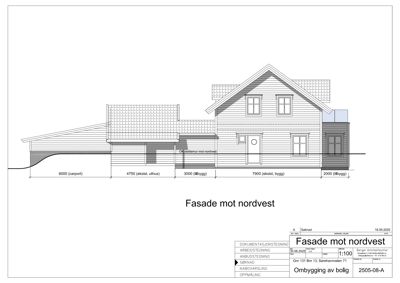 Fasadetegning som viser bygningens utseende mot nordvest, inkludert mål på ulike deler som carport, tilbygg og eksisterende fasade.