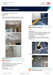 Fotografier fra en tilstandsrapport som viser detaljer i et bad, inkludert tak, gulv og dusj.