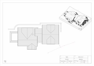 Etasjeplan (Tegning) med romfordeling, vegglinjer og en 3D-visualisering i øvre høyre hjørne.