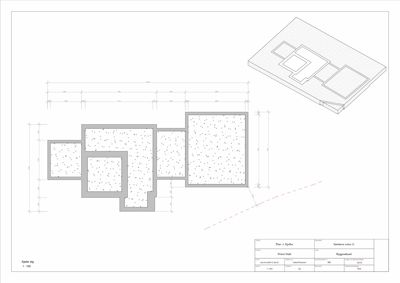 Etasjeplan (Kjeller) med romfordeling, dimensjoner og en 3D-visualisering av bygningens form i øvre høyre hjørne.