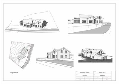 Situasjonsplan med perspektivtegninger som viser bygningens plassering på tomt og fasader.