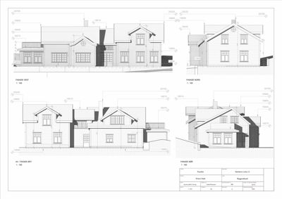 Fasadetegning som viser bygningens utseende fra fire sider (vest, nord, øst og sør) med mål og detaljer.