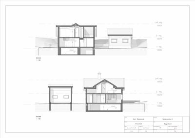 Snittegning (Snitt AA og Snitt BB) som viser bygningens tverrsnitt, høyder og romfordeling på ulike etasjer.