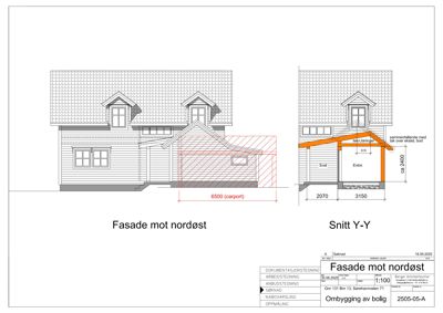 Fasadetegning (opprikk) av en bolig med tilhørende snitt Y-Y som viser detaljer for en tilbygg/carport.